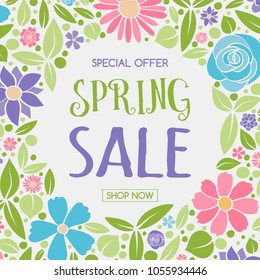 Poster with colorful hand drawn flowers - Spring Sale. Vector.