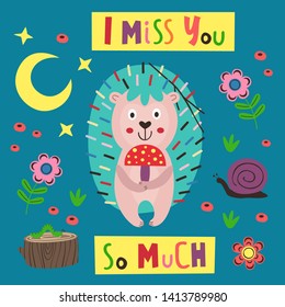 poster colorful hedgehog with mushroom - vector illustration, eps
