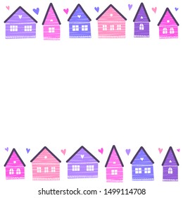 Poster with colorful Scandinavian doodle houses and space for text.