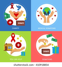 Poster colorful set with flat hand icon in holding the earth giving coin connecting in heart-style shape vector illustration