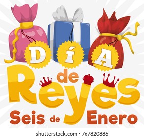 Poster with a colorful set of gifts with labels and golden sign with three crowns for the tradition of magi in Dia de Reyes (written in Spanish).