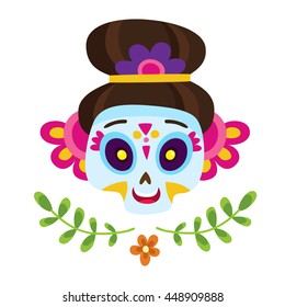 Poster with colorful skull for day of the dead or halloween isolated on white. Sugar skull for mexican day of the dead or halloween. Cute skull and flowers in a cartoon style.