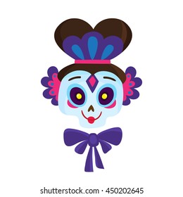 Poster with colorful skull for day of the dead or halloween isolated on white. Sugar skull for mexican day of the dead or halloween. Cute skull in a cartoon style.