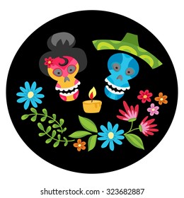 Poster with colorful skulls with  candle and flower wreath for day of the dead or halloween. Sugar skulls for mexican day of the dead or halloween. Cute skulls and flowers in a cartoon style.
