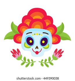 Poster with colorful sugar skull with flower for day of the dead or halloween isolated on white. Cartoon style.