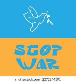 Poster in the colors of the Ukrainian flag. Yellow and blue rectangle. Line art dove in the sky. A symbol of peace. Antiwar slogan Stop War. Vector illustration in support of Ukraine. Protest