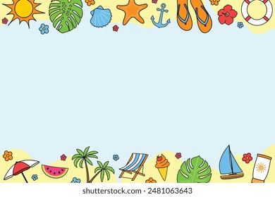 Poster with colourful vacation icons. Summer background. Vector illustration