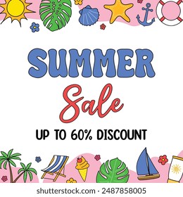 Poster with colourful vacation icons. Summer Sale background. Vector illustration