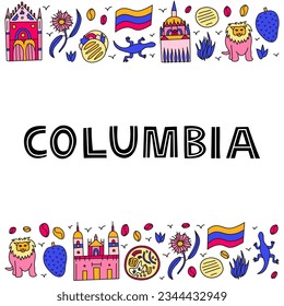 Poster with Columbia national landmarks and attractions in doodle style, space for text. Latin America tourism concept.