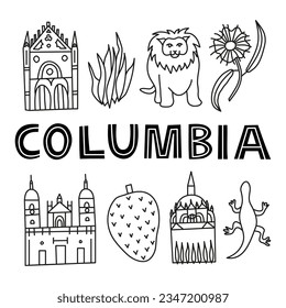Poster with Columbia national landmarks and attractions in doodle style. Latin America tourism concept.