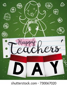 Poster to commemorate Teachers' Day with notebook paper cutting, loose-leaf calendar papers, flowers and hearts around happy female teacher with bouquet.