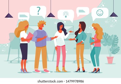 Poster Community Young People Sharing Ideas Flat. Staff Meeting after Training. People Share their Thoughts and Ask Questions. Women Communicate with Man and Laugh. Vector Illustration.