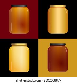 Poster composed of a colored square with 4 jars representing a range of honey of different varieties. 