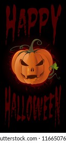 Poster concept design for Halloween. Jack-o-lantern with an ominous grin. Happy Halloween lettering. Vector illustration