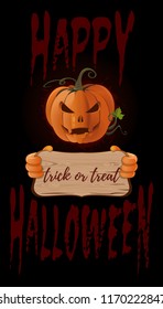 Poster concept design for Halloween. Jack-o-lantern with an ominous grin. Happy Halloween lettering. Trick or treat. Vector illustration