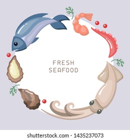 Poster concept with flat style seafood. There is place for your text. Suitable for advertising or restaurant menu decoration