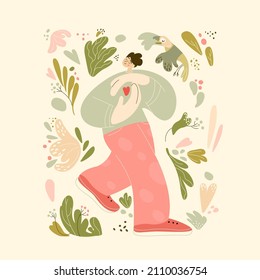 Poster concept. The guy walks in the garden and holds a heart in his hands. Valentine's day, women's day, holidays. Poster, postcard, t-shirt, clothes, paper, flyer, fabric.
