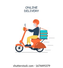 Poster concept for home delivery. Restaurant or supermarket delivering food at doorstep in quarantine. Sitting home and Order online food at anytime.Man with mask delivering food on bike.Food delivery