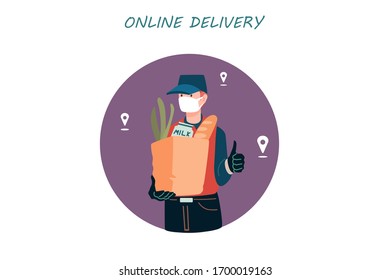 Poster concept for home delivery. Restaurant or supermarket delivering food at doorstep in quarantine. Sitting home and Order online food at anytime. Man with mask delivering food.