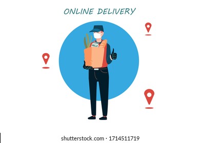 Poster concept for home delivery. Restaurant or supermarket delivering food at doorstep in quarantine. Sitting home and Order online food at anytime. Man with mask delivering food.