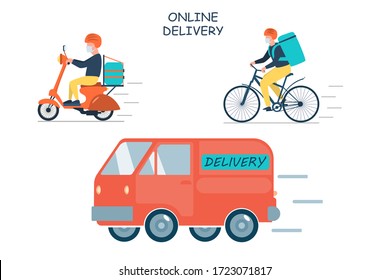 Poster concept for home delivery. Restaurant or supermarket delivering food at doorstep in quarantine. Sitting home and Order online food at anytime.Man with mask delivering food on scooter, bicycle