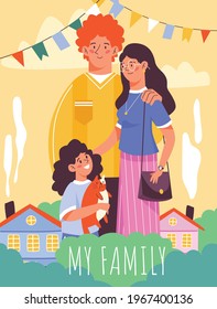 Poster with a concept hug day and happy family relationship. Smiling mother, father and daughter with cat in hand embracing together near house. Vector colorful illustration.