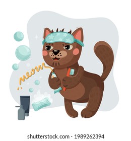 poster concept for the nursery. a little kitten is getting ready for bed. in his paws, he holds a toothpaste and a brush. a sleep mask is worn on his forehead