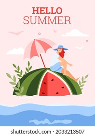 Poster with concept of summer holiday and vacation on sea or ocean beach. Happy tiny female character sitting under sun umbrella on huge ripe watermelon. Flat vector illustration