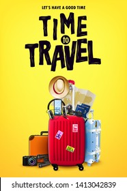 Poster Concept of Tourism Front View with Red 3D Bag and Realistic Item Elements in Yellow Orange Background Design. Vector Illustration