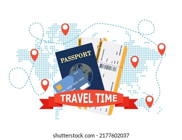 Poster Concept of Tourism Front View with Red 3D Bag and Realistic Item Elements in Yellow Orange Background Design. Vector Illustration Eps 10