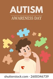 Poster concept World Autism Awareness Day with puzzle pieces and boy illustration. Banner or background vector design template. Psychological concept of Autistic children.