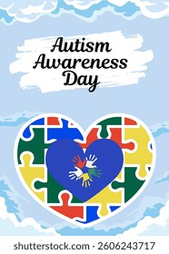 Poster concept World Autism Awareness Day with puzzle and hands illustration. Banner or background vector design template. Psychological concept of Autistic children.