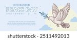 Poster concepts of International day of Peace with dove peace flying and wording of event in flat style and example texts on light blue background.