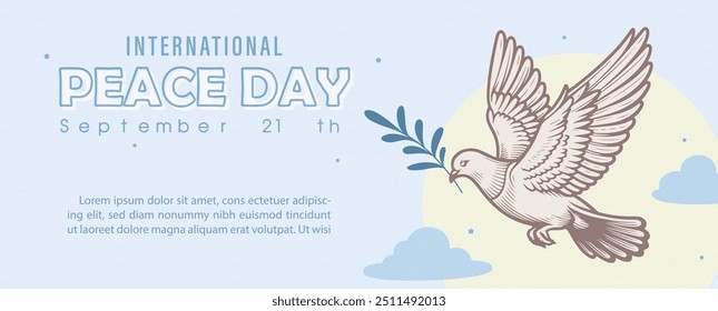 Poster concepts of International day of Peace with dove peace flying and wording of event in flat style and example texts on light blue background.