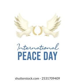 Poster concepts of International day of Peace with dove peace flying and wording of event in flat style and example texts on light blue background.