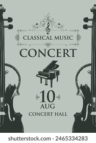 Poster for a concert of classical music in vintage style. Vector advertising placard, banner, flyer, invitation or ticket with grand piano and violins on the grey background