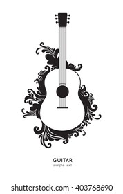 Poster for a concert of music with guitar. Orchestra strings music instrument. Vector Illustration on ornate background