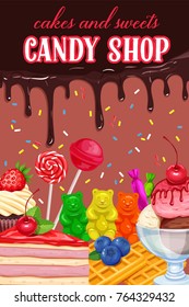Poster with confectionery and sweets. Vector lollipop, ice cream, donut, cake, cake and waffles.