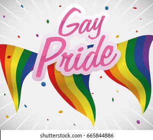 Poster with confetti shower and rainbow pennants for a festive Gay Pride event.