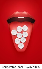 Cartel de los medicamentos de consumo en grandes cantidades. La mujer labios rojos y la lengua con pastillas. Medicina industrial y productos farmacéuticos. Concepto de uso no controlado de drogas. Ilustración vectorial.