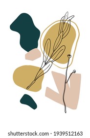 Poster in contemporary minimalistic boho style with geometric abstract shapes and plant outline silhouettes.