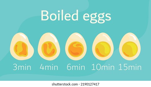 Huevos de cocina con afiches. Ilustración vectorial del tiempo de cocción de huevos hervidos con minutos. Dibujo para un artículo o afiche.	
