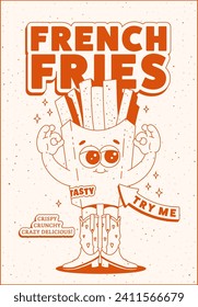 Afiche con patatas fritas al estilo retro groovy. Ilustración de dibujos animados de moda en una paleta monocroma. Maskot para cafetería, bar, restaurante.