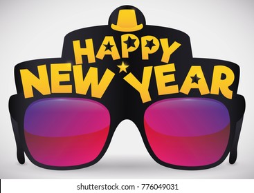 Poster with cool party glasses and greetings decorated with a hat and stars, ready to be used in New Year's Eve party.