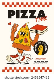 Poster with a cool pizza character in the trending retro groovy style. Pizza time, best pizza in the town.