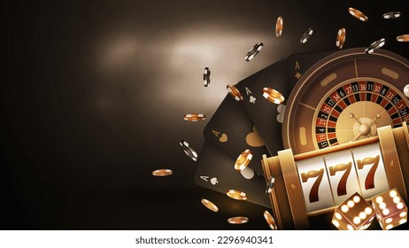 Poster mit Kopienraum, Goldspielautomat, Casino Roulette, Poker-Chips und Spielkarten auf dunklem Hintergrund mit goldenem Neonring