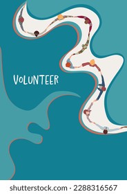 Poster copy space. Volunteer people concept. Multicultural people holding hands. People diversity. Hands in a circle. NGO Aid. Solidarity. Recruitment volunteer. Non profit.Volunteerism