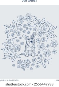 Poster, corgi dog and flowers blue ink	