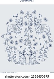 Poster, corgi dog and flowers blue ink	