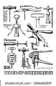 Poster with corkscrews types. Illustration of corkscrew in ink hand drawn style.